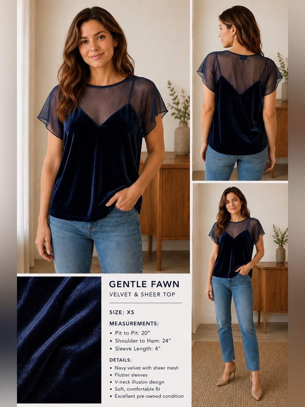 Gentle Fawn Black Sheer Top with Velvet Trim